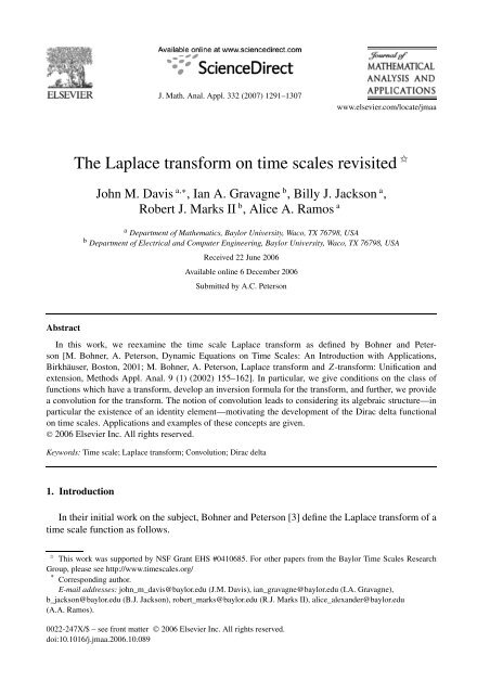 The Laplace transform on time scales revisited - ECS - Baylor ...