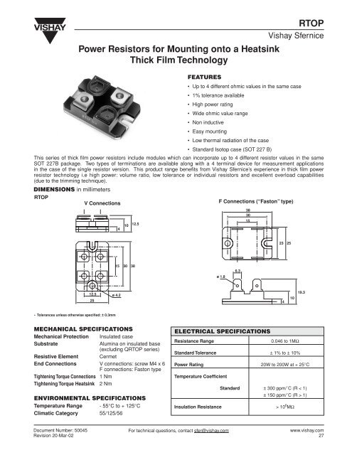 RTOP Power Resistors for Mounting onto a Heatsink ... - TE-EPC-LPC