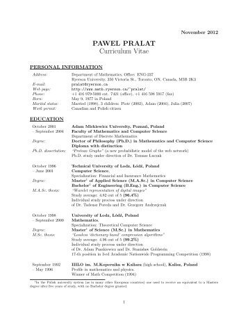 PAWEL PRALAT Curriculum Vitae - Mathematics - Ryerson University