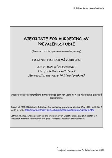 Sjekkliste for vurdering av prevalensstudie - Nasjonalt ...