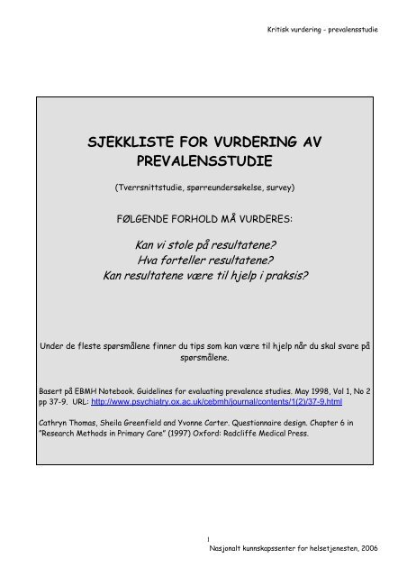 Sjekkliste for vurdering av prevalensstudie - Nasjonalt ...