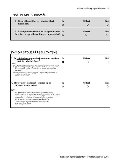 Sjekkliste for vurdering av prevalensstudie - Nasjonalt ...