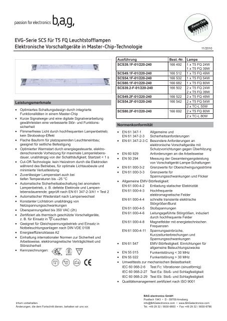 EVG-Serie SCS fÃ¼r T5 FQ Leuchtstofflampen ... - BAG electronics