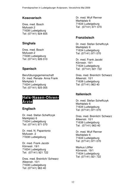 Verzeichnis fremdsprachiger Arztpraxen (pdf-Datei)