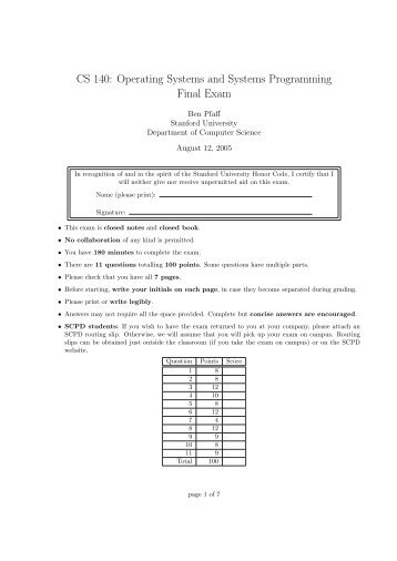 CS 140: Operating Systems and Systems Programming Final Exam