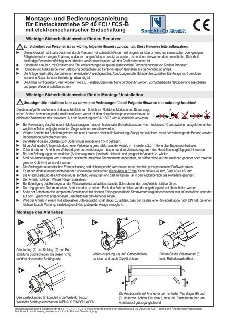 Montage- und Bedienungsanleitung Einsteckantriebe SP 50/xx FCH