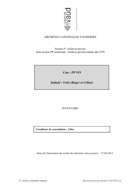 PP 919 IntitulÃ© : Volet (Roger et CÃ©line) - Inventaires des Archives ...