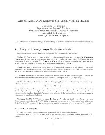 Algebra Lineal XIX: Rango de una Matriz y Matriz Inversa.
