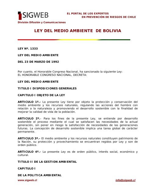 LEY DEL MEDIO AMBIENTE DE BOLIVIA - Sigweb