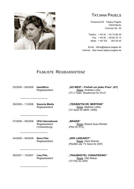 Credits Regieassistenz - Download als Pdf-Datei - Tatjana Pagels