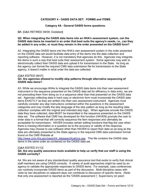 CATEGORY 4 A - OASIS DATA SET FORMS - OASIS Answers, Inc