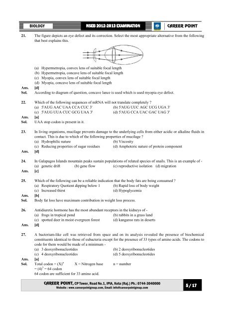 NATIONAL STANDARD EXAMINATION IN BIOLOGY ... - Career Point