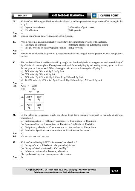 NATIONAL STANDARD EXAMINATION IN BIOLOGY ... - Career Point