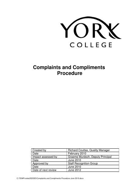 Complaints and C Complaints and Compliments ... - York College