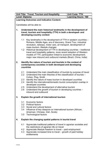 Unit Title: Travel, Tourism and Hospitality Unit Code: TTH Level ...