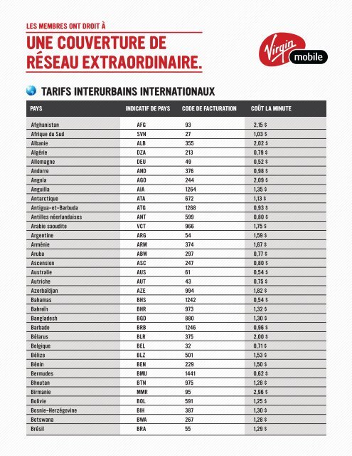 tarifs interurbains internationaux - Virgin Mobile Canada