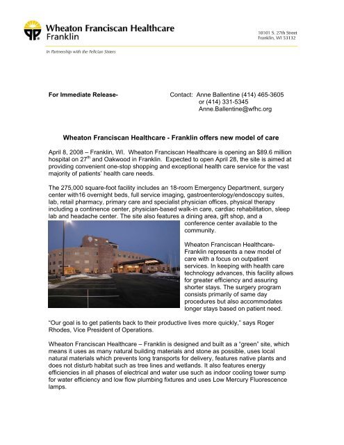 For Immediate Release Wheaton Franciscan Healthcare
