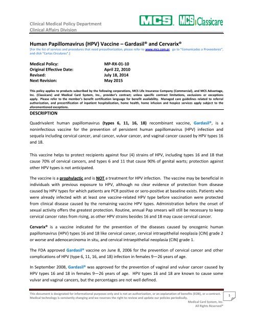 Human Papillomavirus (HPV) Vaccine Gardasil® and ... - MCS a