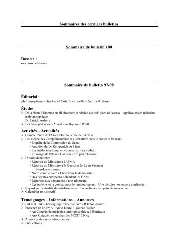 Bulletin APMA nÂ°97-98 / EtÃ© 2013 / Sommaire - Ãditorial