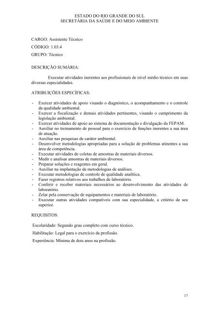 fepam fundaÃ§Ã£o estadual de proteÃ§Ã£o ambiental plano de cargos e ...