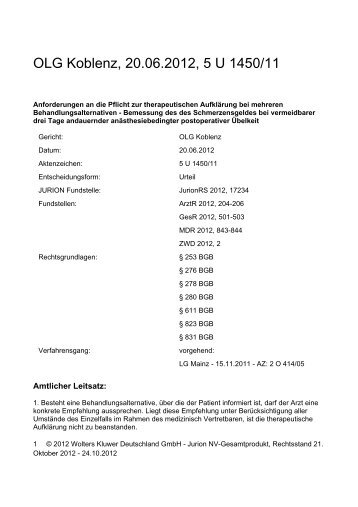 OLG Koblenz 20.6.2012 – 5 U 1450/11 - Wolters Kluwer ...