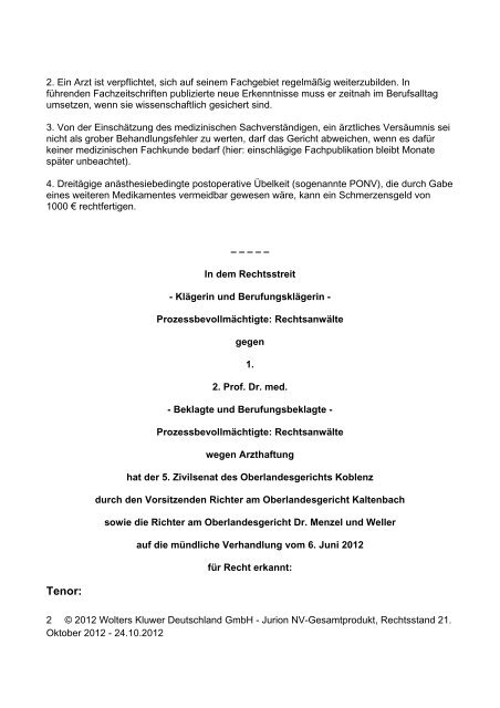 OLG Koblenz 20.6.2012 – 5 U 1450/11 - Wolters Kluwer ...