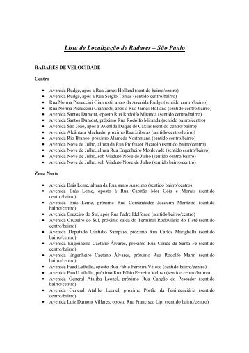 Lista de Localização de Radares – São Paulo - Setcesp