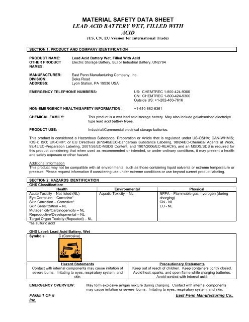material safety data sheet lead acid battery wet, filled with acid