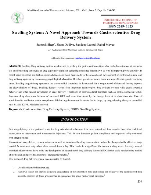 Swelling System: A Novel Approach Towards Gastroretentive Drug ...