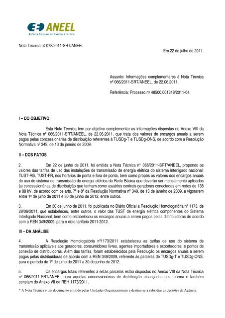 Nota TÃ©cnica Complementar nÂº 078/2011 - SRT/ANEEL