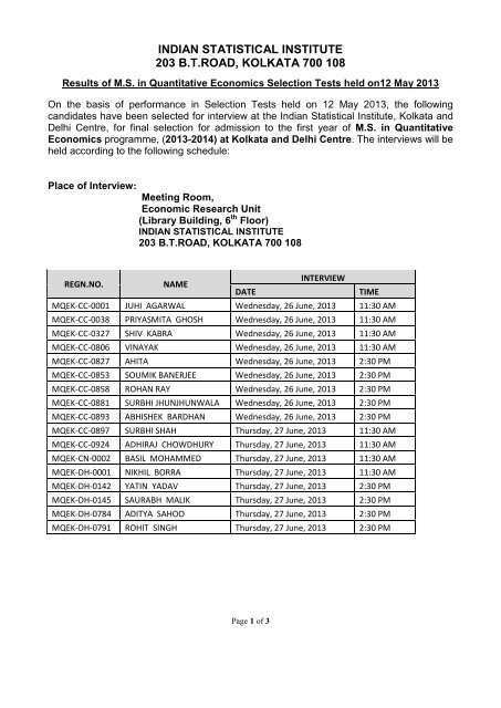 M.S. in Quantitative Economics - Indian Statistical Institute