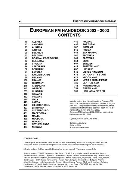 EUROPEAN FM HANDBOOK 2002 - 2003 CONTENTS - MonitoR