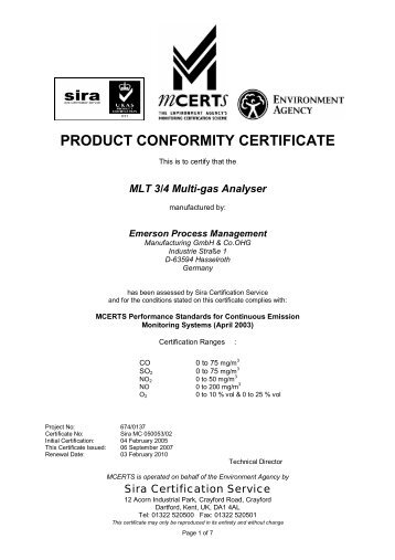 PRODUCT CONFORMITY CERTIFICATE - Sira Environmental