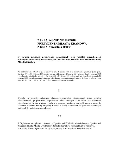 ZARZÄDZENIE NR 728/2010 PREZYDENTA MIASTA KRAKOWA Z ...