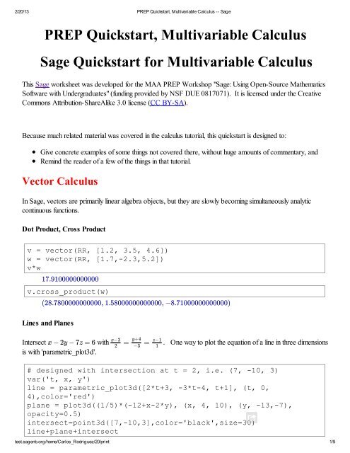 PREP Quickstart, Multivariable Calculus Sage Quickstart for ...