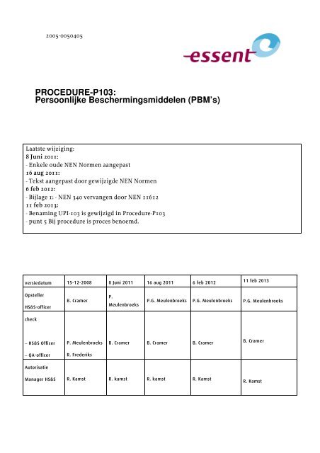 Procedure 103 Persoonlijke beschermingsmiddelen (PBM's) - Essent