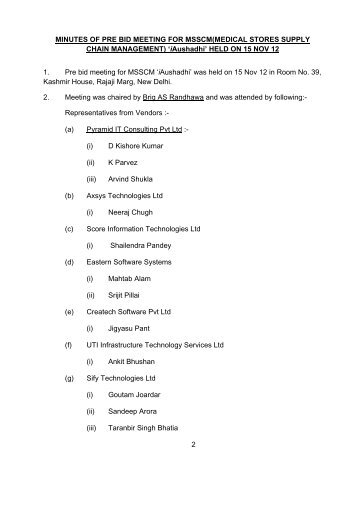 MINUTES OF PRE BID MEETING FOR MSSCM(MEDICAL STORES ...