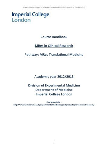 MRes Translational Medicine Academic year 2012/2013 Division of ...