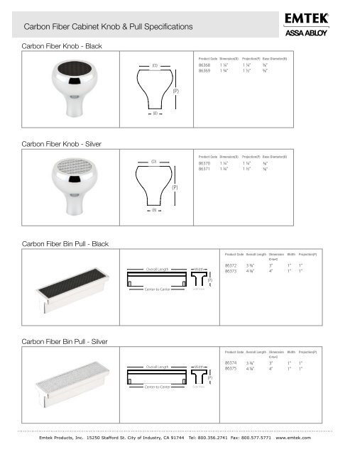 Carbon Fiber Cabinet Knob & Pull Specifications - Emtek