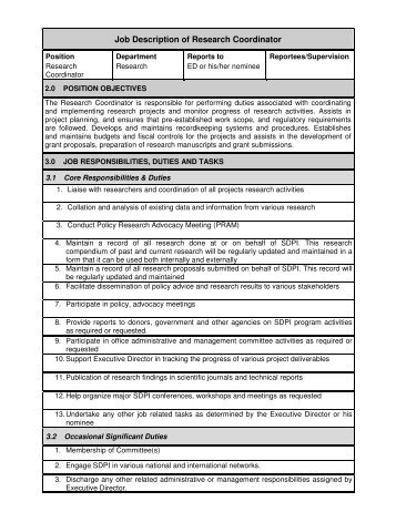 Job Description of Research Coordinator - SDPI