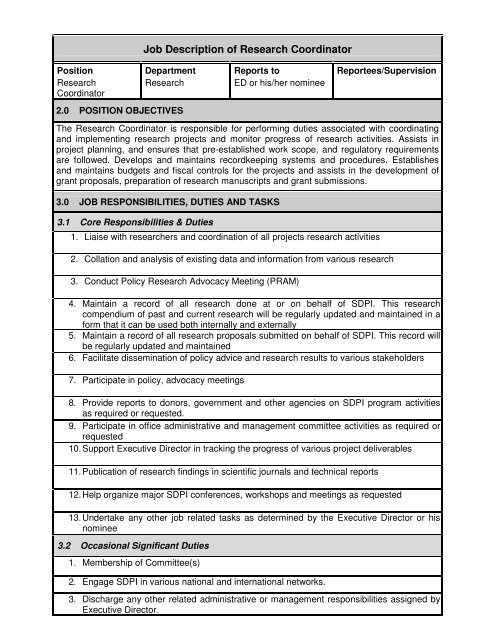 Job Description of Research Coordinator - SDPI