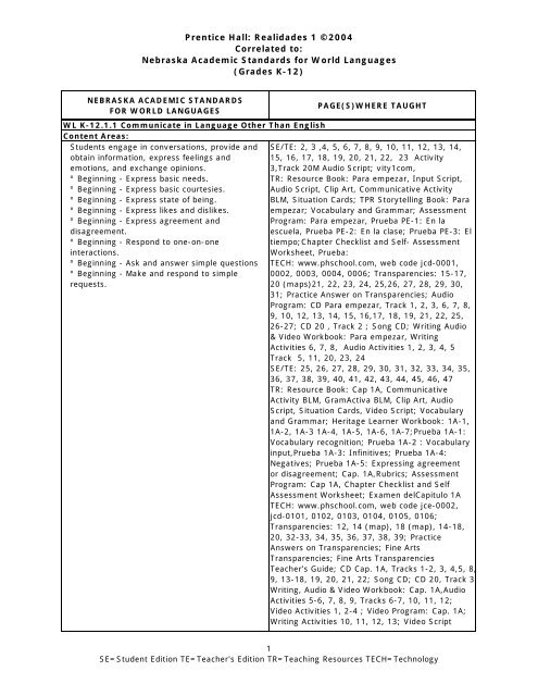 Prentice Hall Realidades 1 A C 04 Correlated To Nebraska