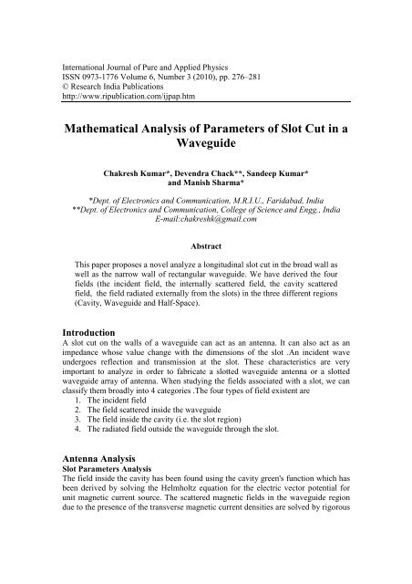 Mathematical Analysis of Parameters of Slot Cut in a Waveguide