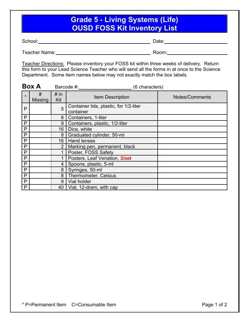 Grade 5 - Living Systems (Life) OUSD FOSS Kit Inventory List