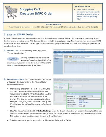 Shopping Cart: Create an EMPO Order - Shared Services Home Page