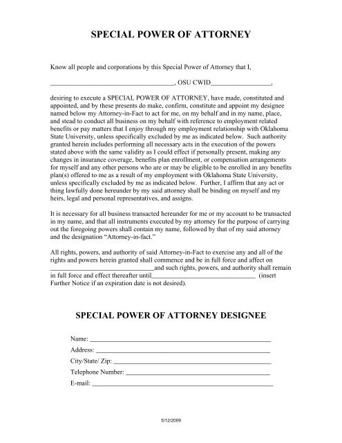 SPECIAL POWER OF ATTORNEY - Oklahoma State University