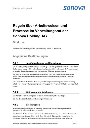 Regeln über Arbeitsweisen und Prozesse im Verwaltungsrat - Sonova