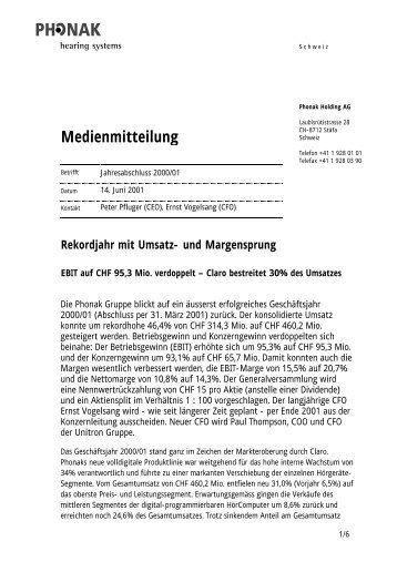 Medienmitteilung: Jahresabschluss 2000/01 - Sonova