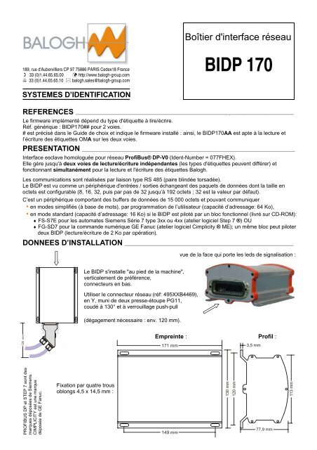 Fiche technique BIDP170 - Balogh technical center