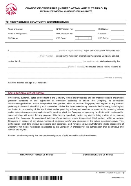 Change of Ownership (Age 21) Form - PT 0003005 ... - AIA Singapore